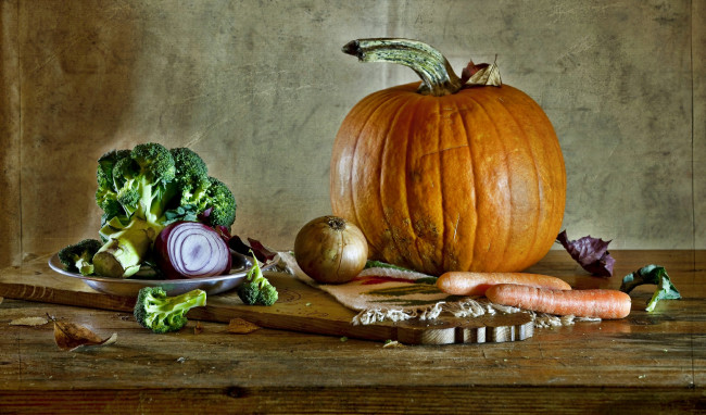 Обои картинки фото еда, овощи, тыква, лук, морковь, капуста