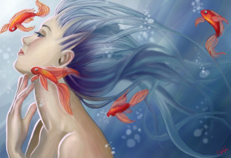 Картинка фэнтези русалки рыбки вода пузырьки взгляд профиль русалка