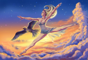 Картинка фэнтези девушки арт облака небо птица волосы профиль балерина девушка