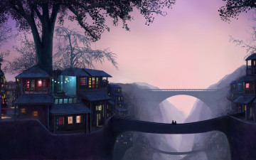 Картинка фэнтези иные+миры +иные+времена деревья романтика свет дома закат арт мостик