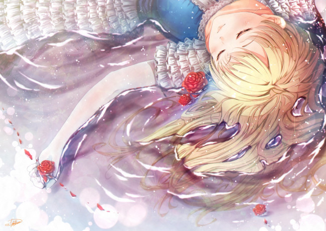 Обои картинки фото аниме, unknown,  другое, вода, девочка, розы, арт, cyanomirahi