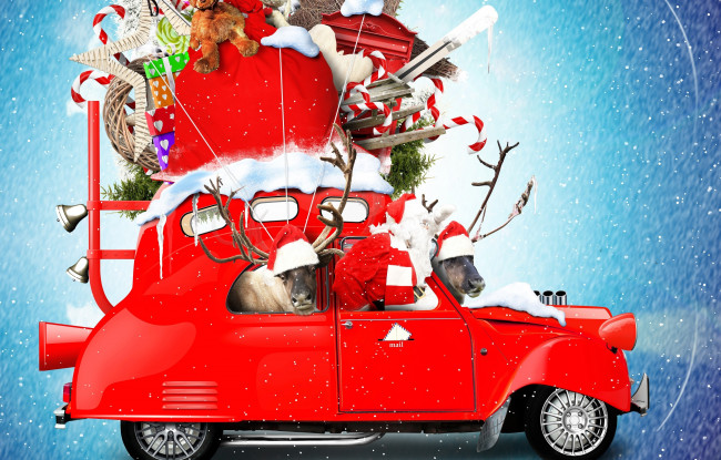 Обои картинки фото праздничные, дед мороз,  санта клаус, автомобиль, новый, год, санта-клаус, игрушки, снежинки, снег, дед, мороз, подарки, праздник, фон, плюшевые, леденцы, олени, красный, креатив, колокольчики, фотошоп, мешок, рождество