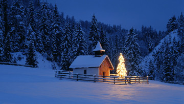 Картинка праздничные новогодние+пейзажи лес ёлка домик снег изгородь