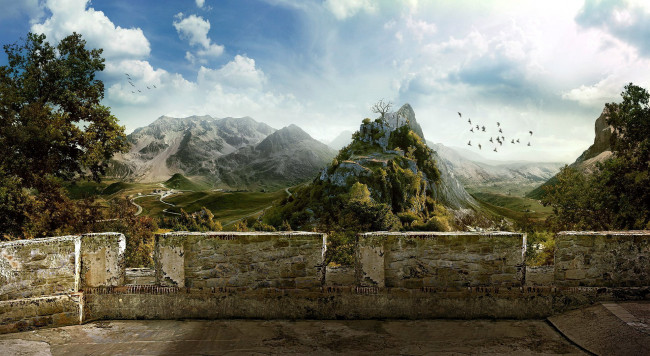 Обои картинки фото рисованное, природа, горы, долина, птицы, облака, стена, замок