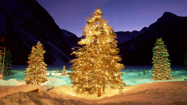 Обои картинки фото праздничные, ёлки, огни, снег, горы