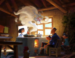 Картинка фэнтези магия семья печка дух