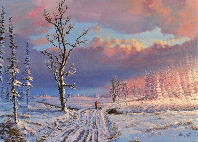 Обои картинки фото рисованное, живопись, облака, дорога, снег, зима, деревья, речка, человек