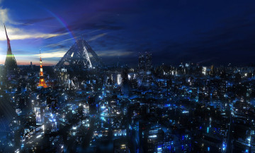 Картинка аниме guilty crown огни рассвет здания небо облака