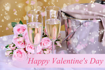Картинка праздничные день+святого+валентина +сердечки +любовь день святого валентина ведёрко цветы розы фужеры шампанское
