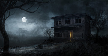 Картинка фэнтези иные+миры +иные+времена заброшенный луна полная ночь деревья свет дом