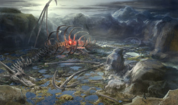 Картинка фэнтези драконы скелет кости болото мир иной дракон