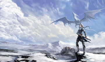 Картинка фэнтези красавицы+и+чудовища замок дракон воин доспехи эльф меч зима