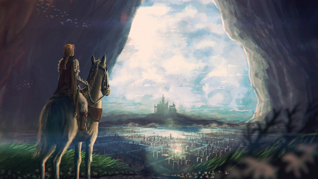 Обои картинки фото фэнтези, девушки, девушка, замок, меч, воин, лошадь, даль, всадник