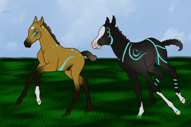 Обои картинки фото рисованное, животные,  лошади, трава, лето, лошадки