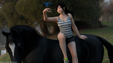Картинка 3д+графика аниме+ anime девушка лошадь взгляд фон