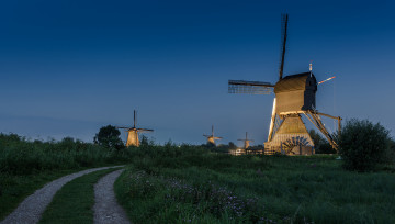 Картинка разное мельницы дорога вечер небо нидерланды ветряная мельница
