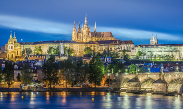 Картинка города прага+ Чехия огни мост река влтава собор святого вита прага дома