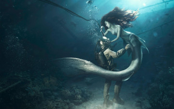 Картинка фэнтези русалки русалка водолаз море подводный мир нападение