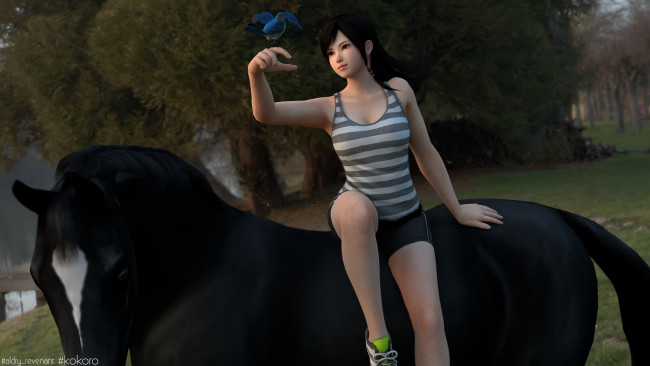 Обои картинки фото 3д графика, аниме , anime, девушка, лошадь, взгляд, фон