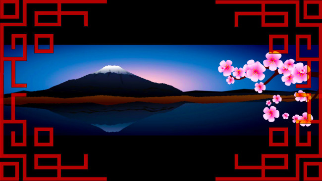 Обои картинки фото рисованное, природа, гора, сакура, узор