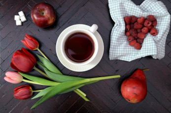 Картинка еда разное яблоко кофе тюльпаны груша малина сахар