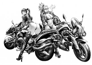 Картинка аниме оружие +техника +технологии униформа девушки скетч мотоцикл взгляд фон