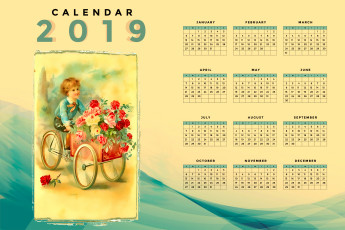 обоя календари, рисованные,  векторная графика, ребенок, тележка, мальчик, цветы