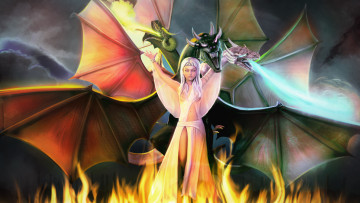 Картинка рисованное кино взгляд драконы фон пламя девушка