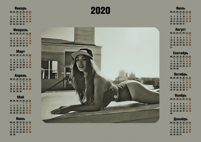 Обои картинки фото календари, компьютерный дизайн, calendar, здание, кепка, взгляд, девушка, 2020