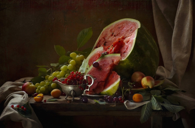 Обои картинки фото еда, фрукты,  ягоды, арбуз, вишни, виноград, смородина