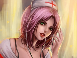 Картинка аниме naruto арт медсестра улыбка взгляд розовые волосы зелёные глаза сакура девушка