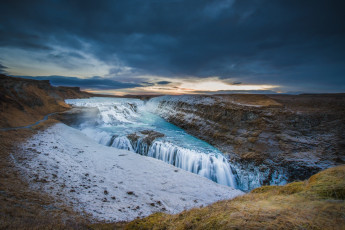 Картинка природа водопады исландия река хвитау небо облака закат водопад
