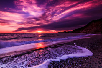 Картинка природа побережье море пляж закат сиреневый