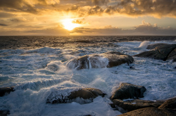 Картинка природа восходы закаты камни горизонт берег океан солнце