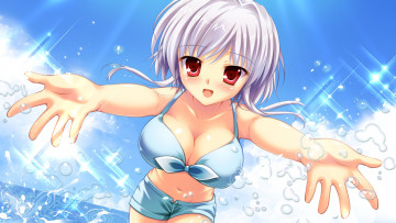 Картинка аниме mikeou девушка взгляд радость поза костюм зайчик купальник море капли