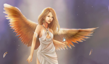 Картинка фэнтези ангелы девушка ангел взгляд волосы крылья платье фон