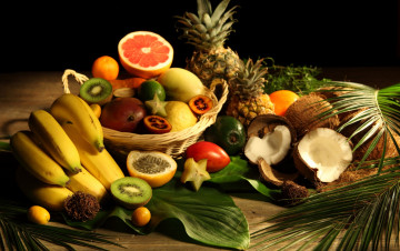 обоя еда, фрукты,  ягоды, бананы, киви, ананас, кокос, грейпфрут, листья
