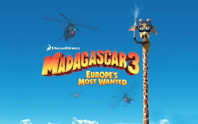Обои картинки фото мультфильмы, madagascar 3,  europe`s most wanted, мадагаскар, жираф, мелман, небо, вертолеты