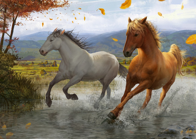 Обои картинки фото рисованные, животные,  лошади, брызги, лошади, дерево, листья, река, бег, ветер