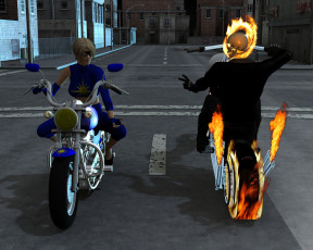 Картинка 3д+графика ужас+ horror огонь мотоцикл фон взгляд скелет дорога девушка