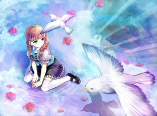 Картинка аниме животные +существа nihility арт вода птицы цветы девочка