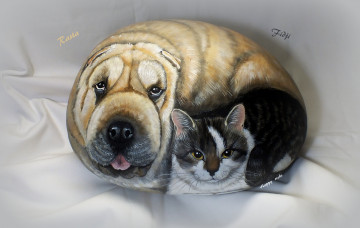 Картинка разное ремесла +поделки +рукоделие рисунок кот камень ткань собака