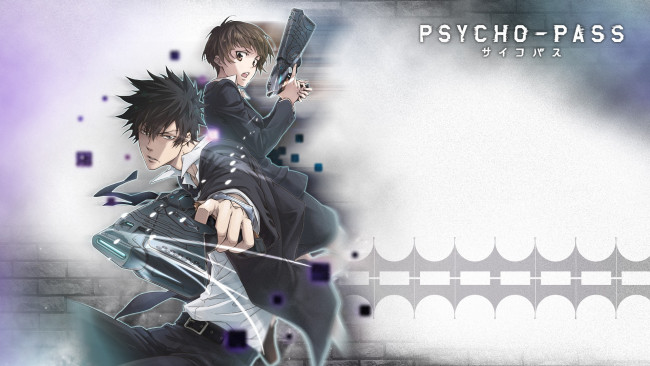 Обои картинки фото аниме, psycho-pass, kougami, shinya, оружие, девушка, парень, арт, tsunemori, akane