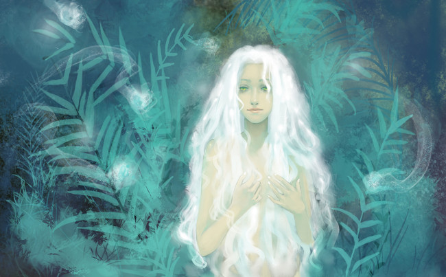 Обои картинки фото аниме, unknown,  другое, белые, волосы, девушка, листья