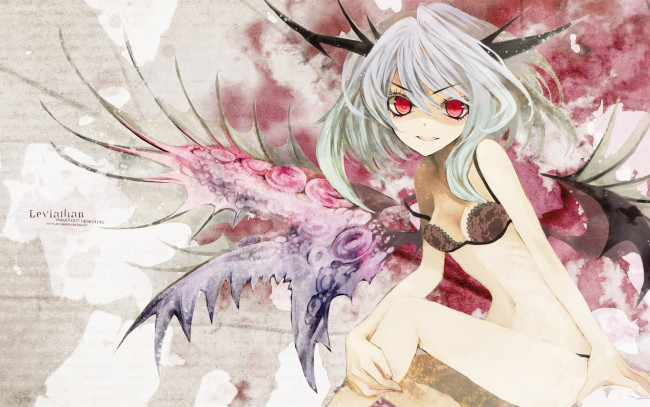 Обои картинки фото аниме, ангелы,  демоны, duca, рога, крылья, демон, hiiragi, ryou, девушка, нижнее, белье