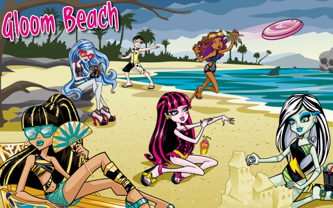 Обои картинки фото monster high, мультфильмы, - monster high, персонажи, песок, девушки, монстры, пляж, monster, high