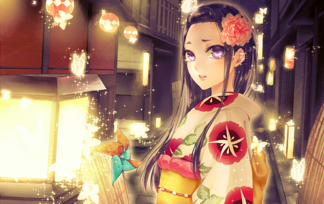 Обои картинки фото аниме, unknown,  другое, бабочки, цветок, фонари, кимоно, девушка, взгляд