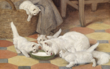 обоя рисованное, животные,  коты, кошка, арт, картина, белая, пушистая, семья, котята