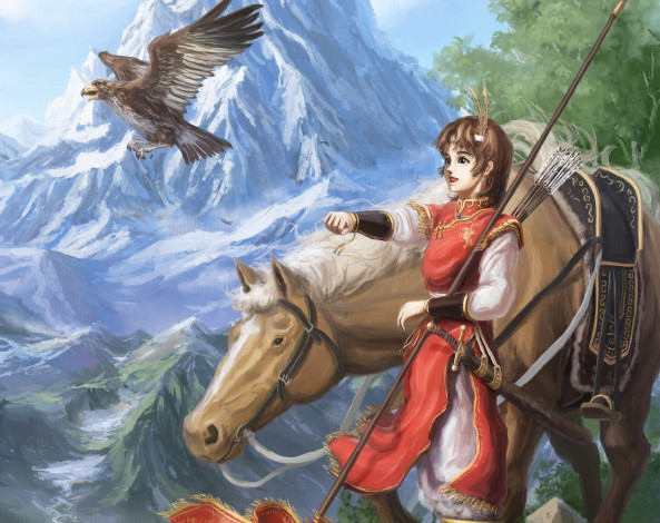 Обои картинки фото рисованное, люди, фон, девушка, взгляд, горы, орел, лошадь