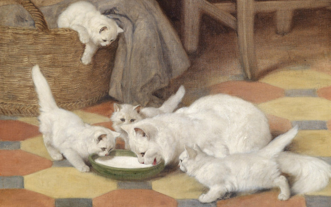 Обои картинки фото рисованное, животные,  коты, кошка, арт, картина, белая, пушистая, семья, котята